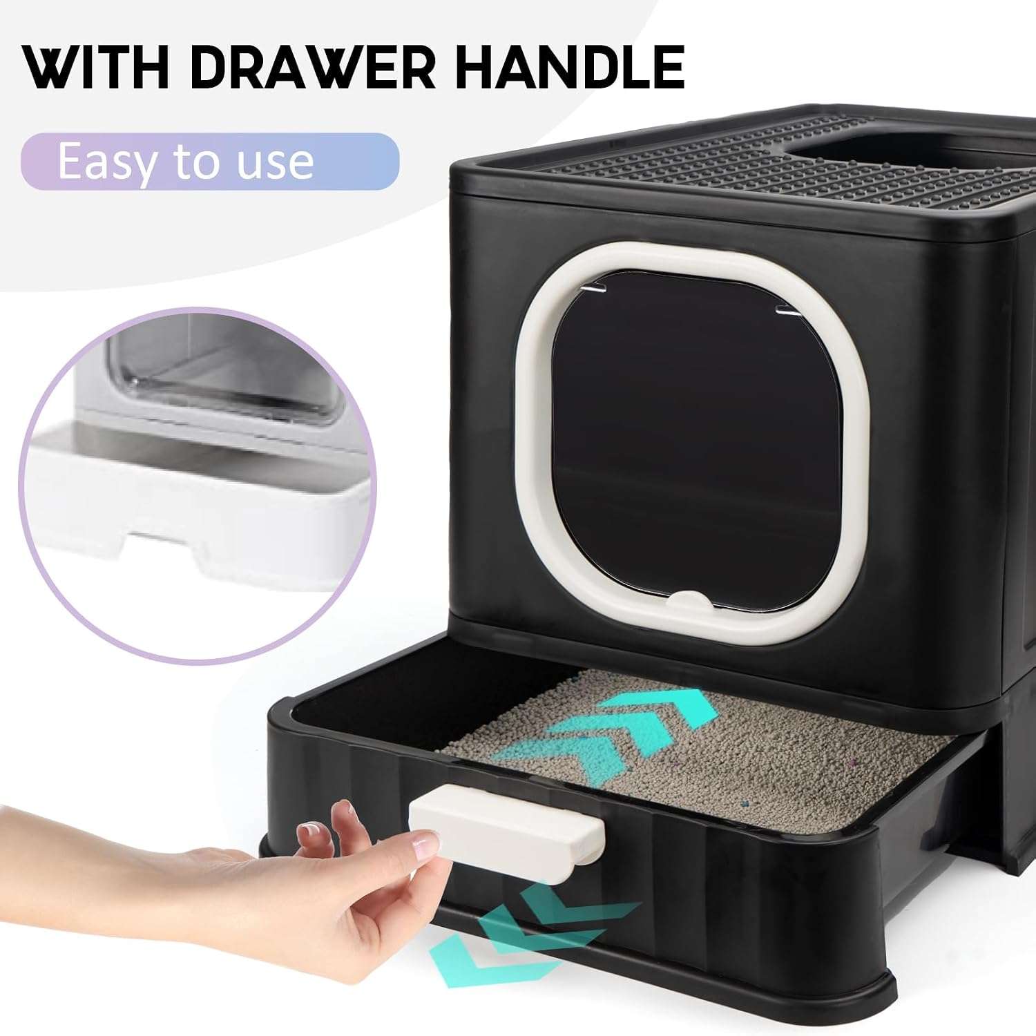 caja de arena cerrada y plegable para gatos con cajón extraíble, salida superior y pala con soporte