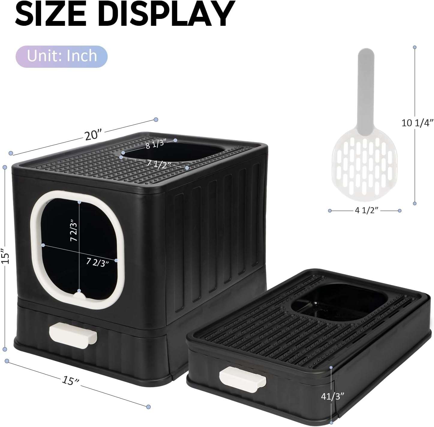 caja de arena cerrada y plegable para gatos con cajón extraíble, salida superior y pala con soporte