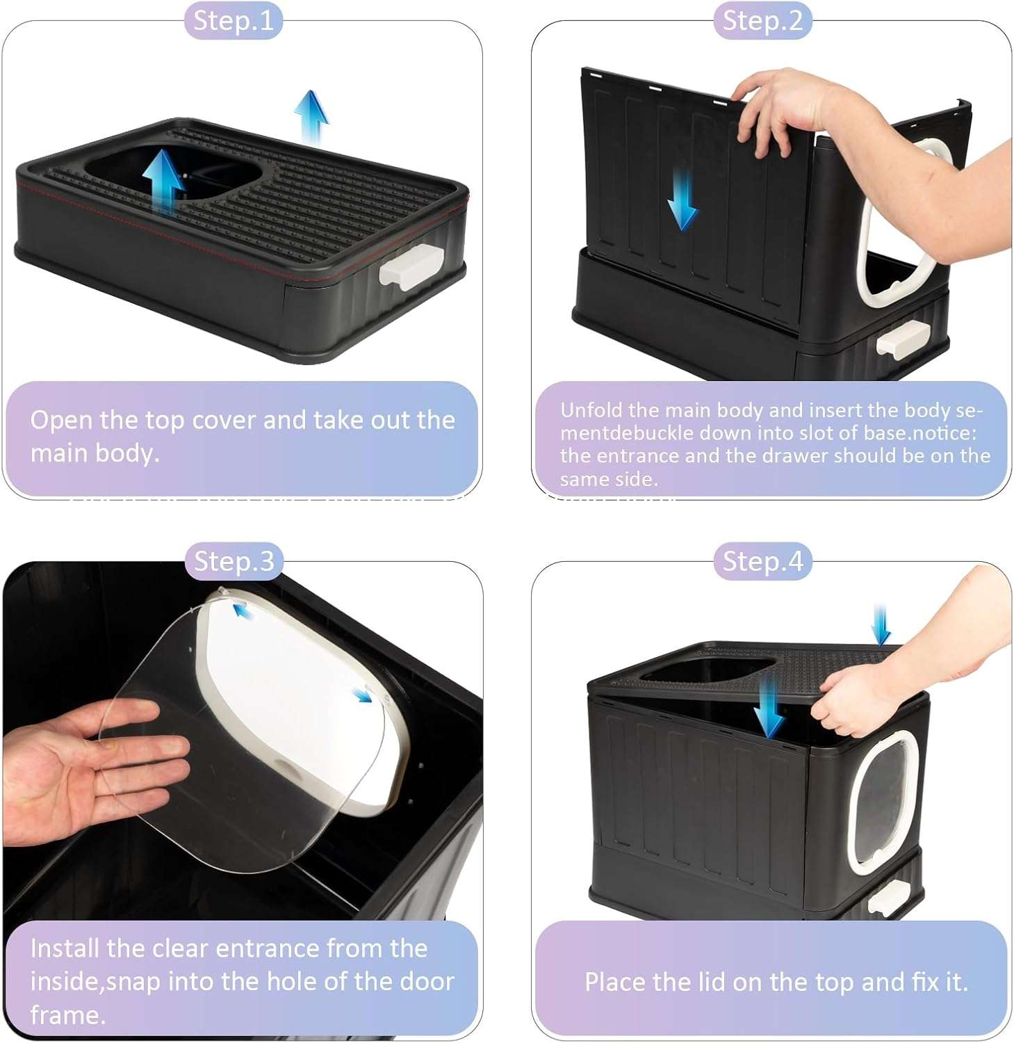 caja de arena cerrada y plegable para gatos con cajón extraíble, salida superior y pala con soporte