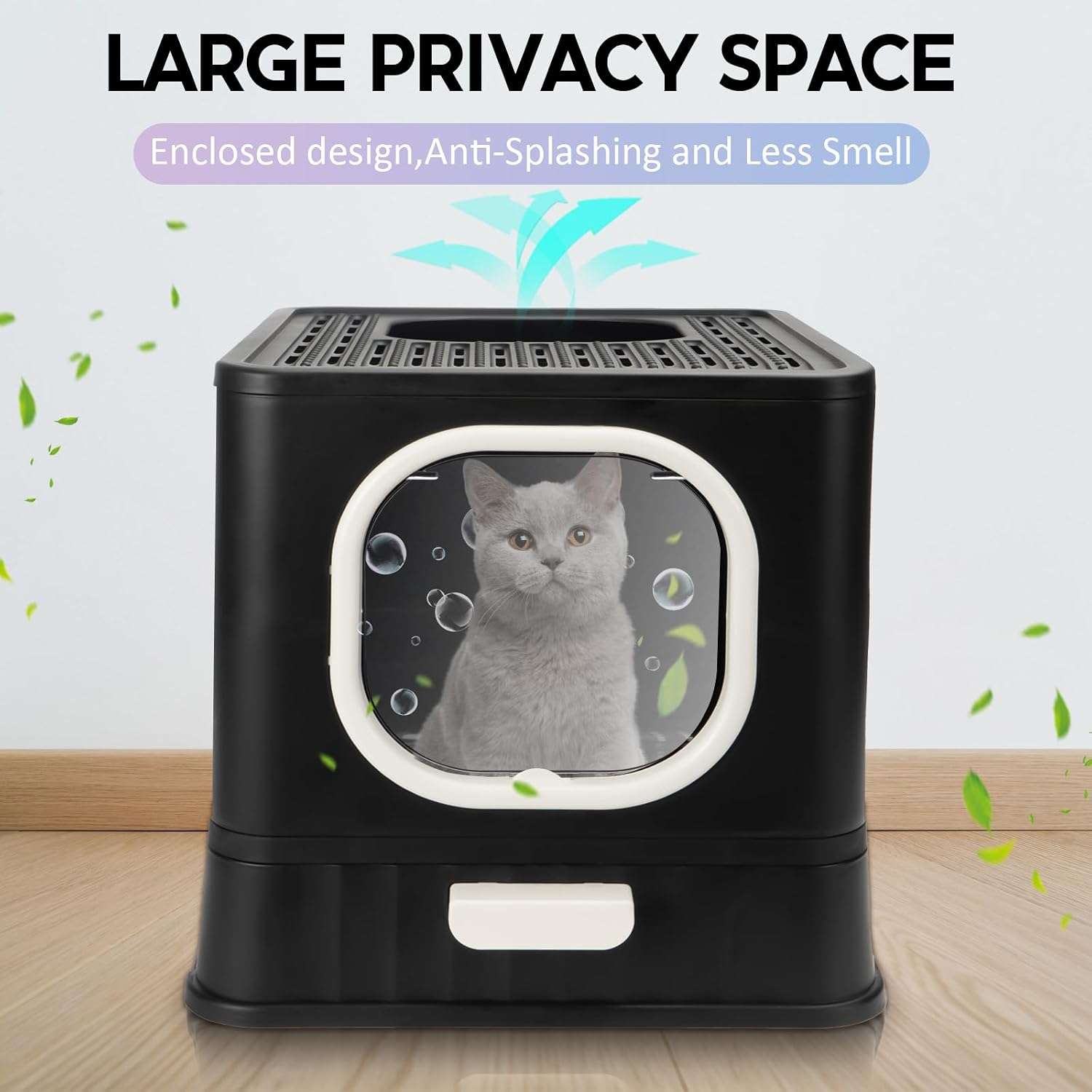 caja de arena cerrada y plegable para gatos con cajón extraíble, salida superior y pala con soporte