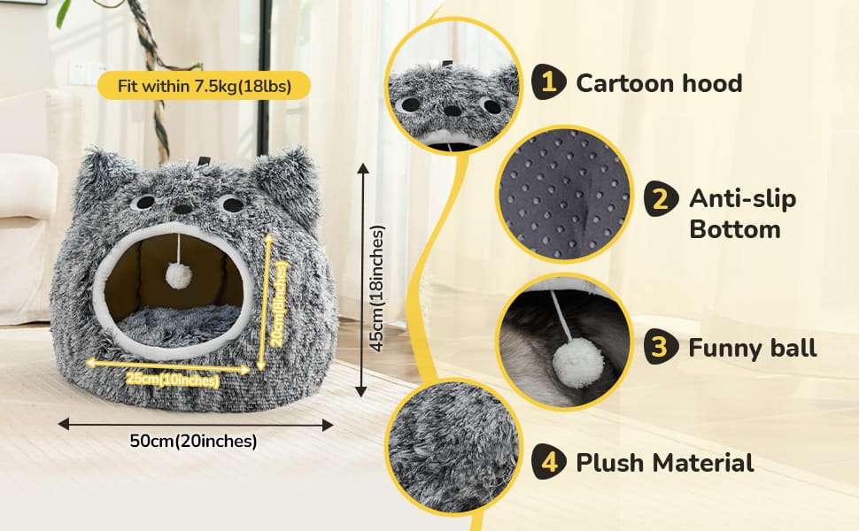 Cama tipo cueva semicerrada de felpa suave con cojin reversible y base antideslizante para gatos.