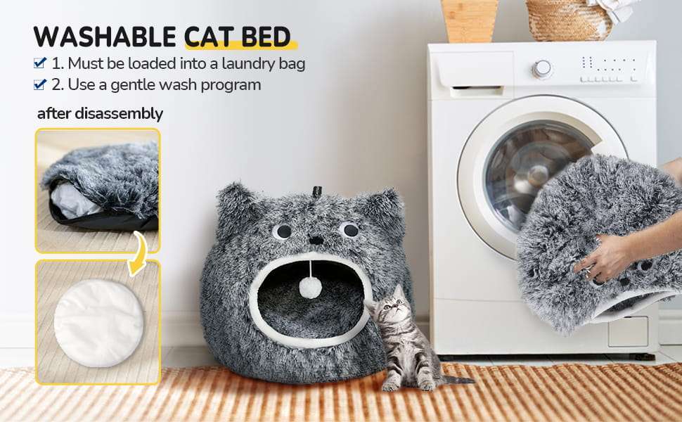 Cama tipo cueva semicerrada de felpa suave con cojin reversible y base antideslizante para gatos.