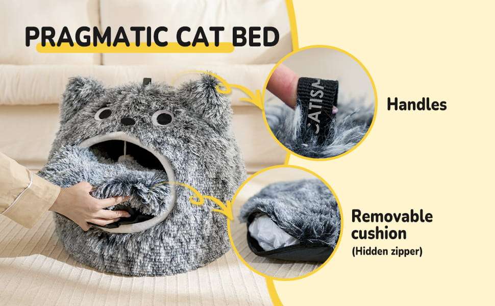 Cama tipo cueva semicerrada de felpa suave con cojin reversible y base antideslizante para gatos.