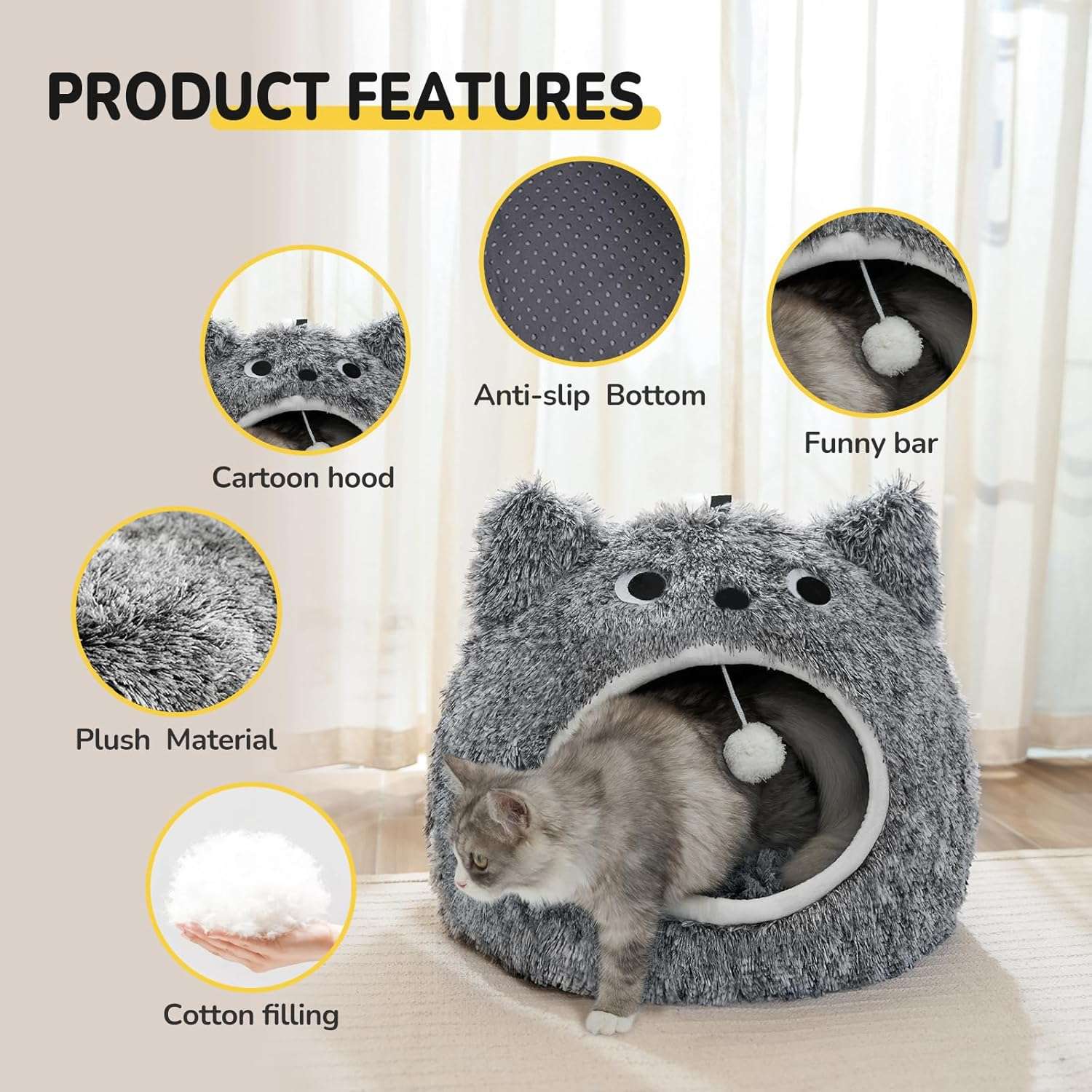 Cama tipo cueva semicerrada de felpa suave con cojin reversible y base antideslizante para gatos.