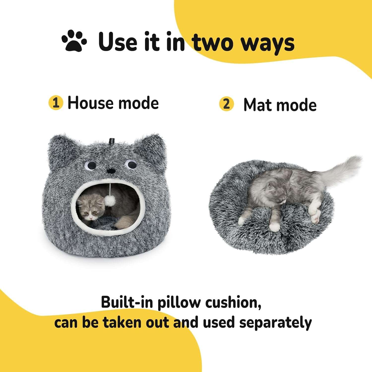 Cama tipo cueva semicerrada de felpa suave con cojin reversible y base antideslizante para gatos.