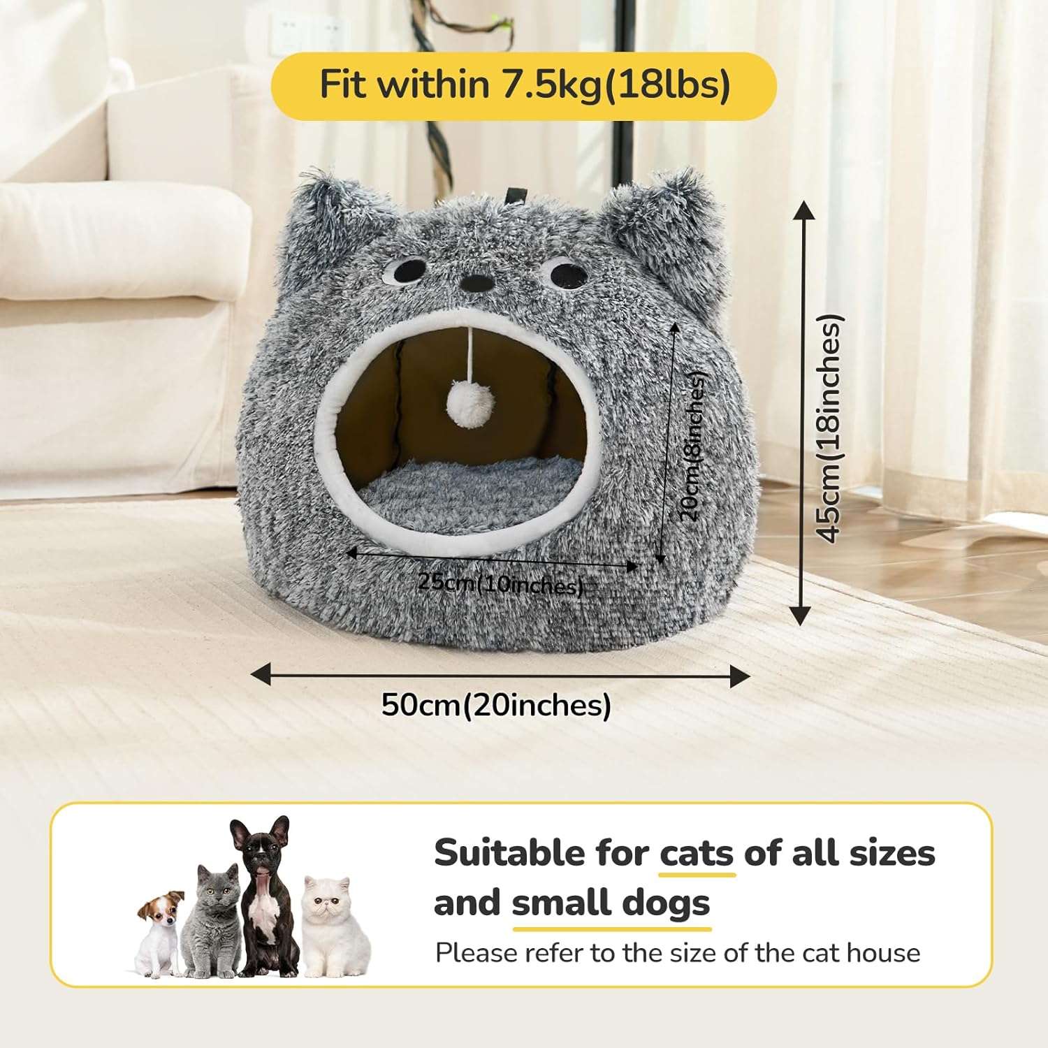 Cama tipo cueva semicerrada de felpa suave con cojin reversible y base antideslizante para gatos.