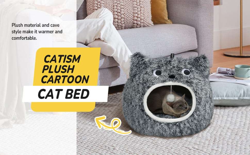 Cama tipo cueva semicerrada de felpa suave con cojin reversible y base antideslizante para gatos.