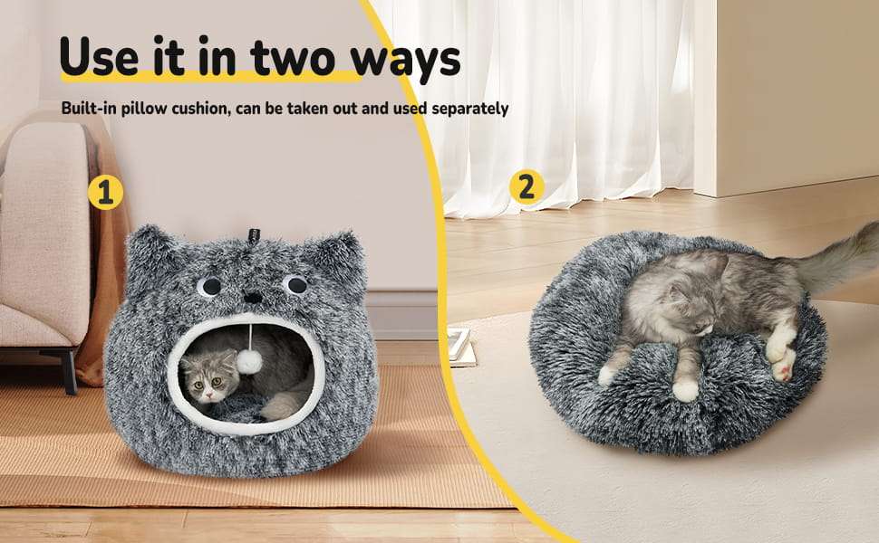 Cama tipo cueva semicerrada de felpa suave con cojin reversible y base antideslizante para gatos.