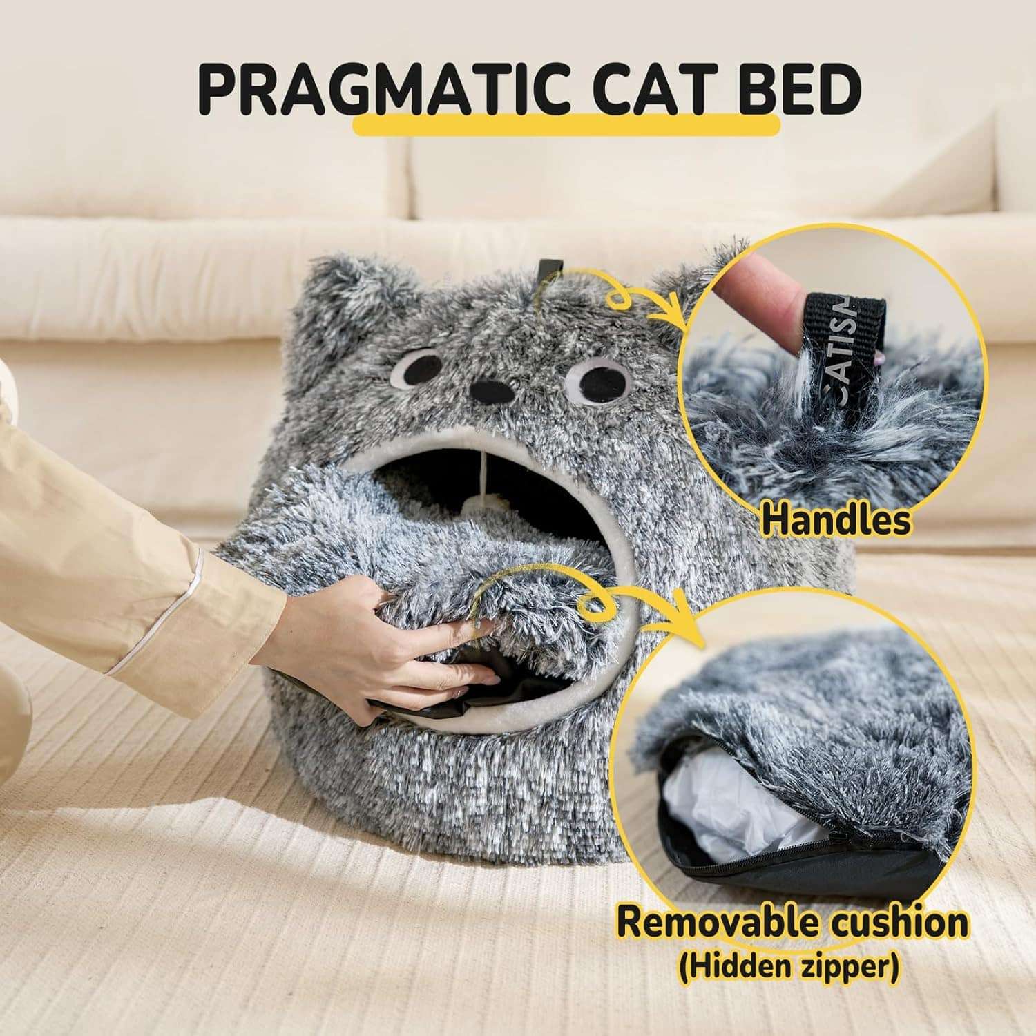 Cama tipo cueva semicerrada de felpa suave con cojin reversible y base antideslizante para gatos.