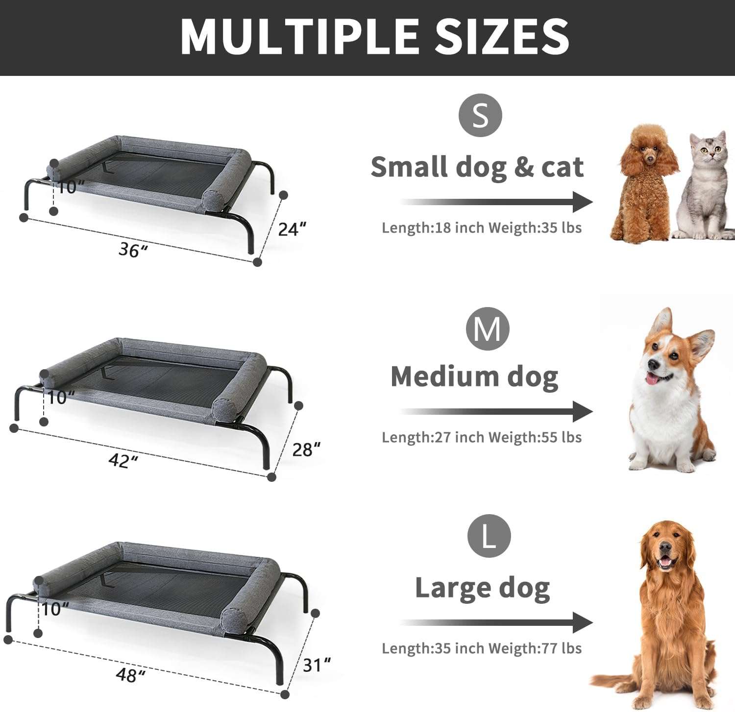 Cama elevada reforzada para perros de acero y tela impermeable