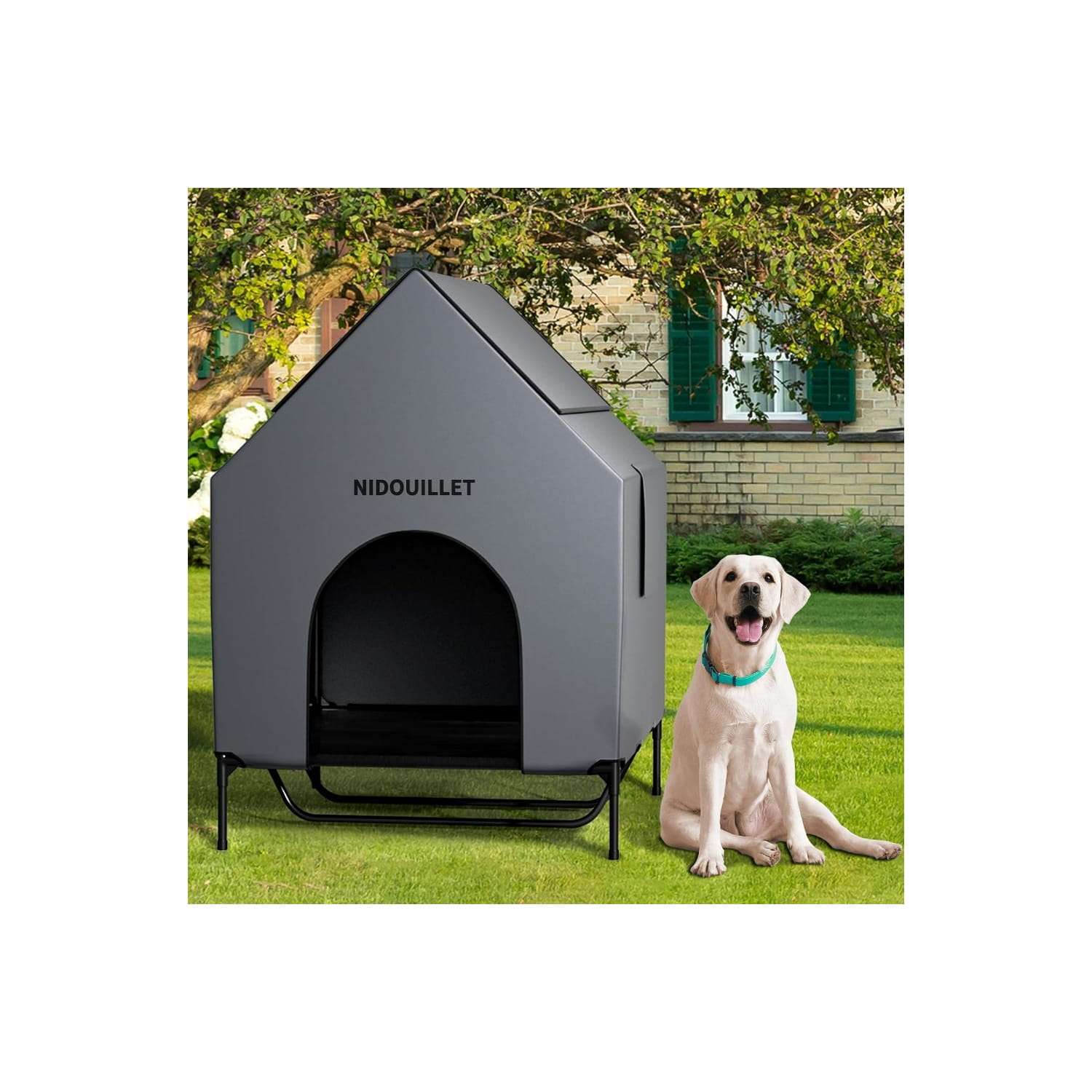 Casa grande impermeable para perros con cama elevada desmontable y ventanas de ventilacion