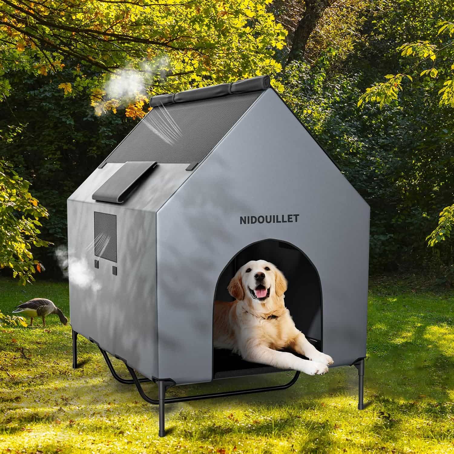 Casa grande impermeable para perros con cama elevada desmontable y ventanas de ventilacion