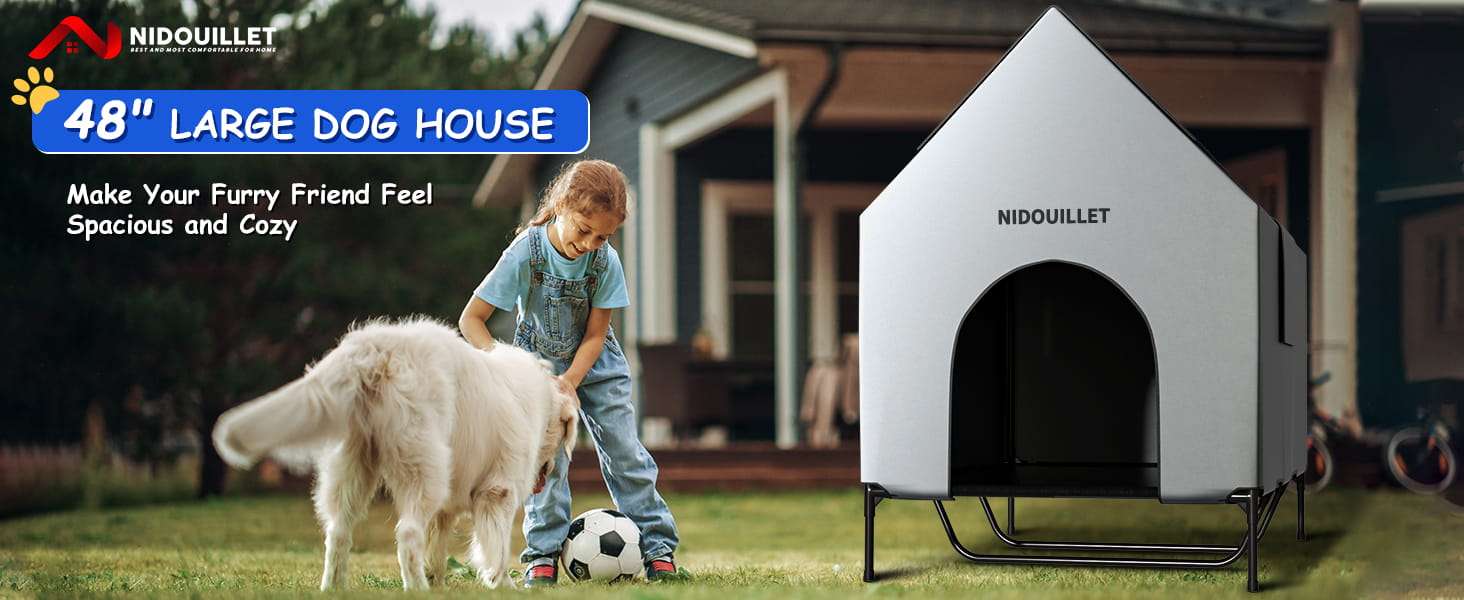 Casa grande impermeable para perros con cama elevada desmontable y ventanas de ventilacion