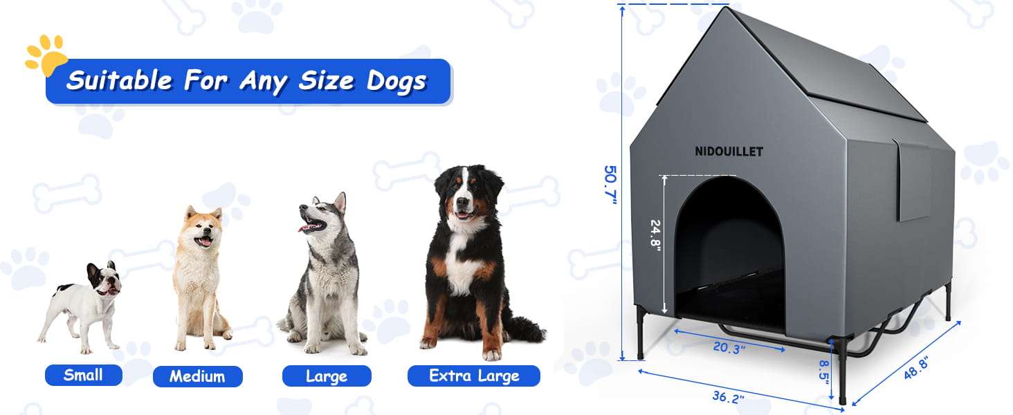 Casa grande impermeable para perros con cama elevada desmontable y ventanas de ventilacion