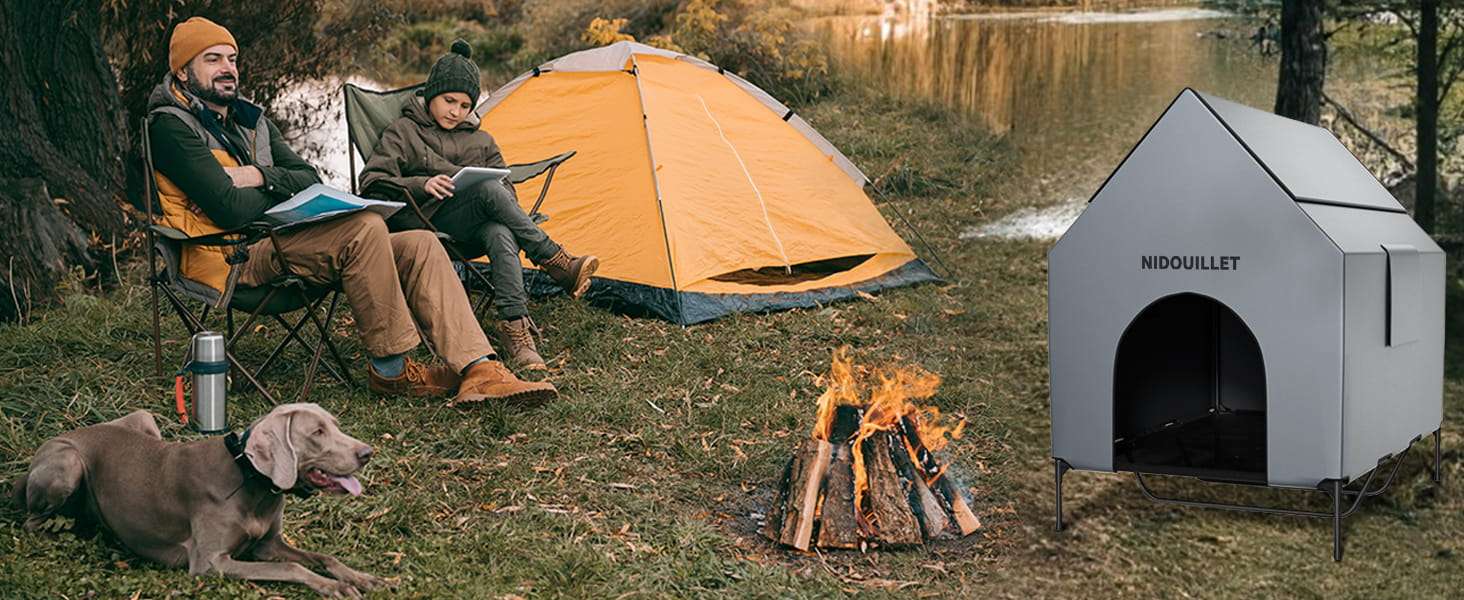 Casa grande impermeable para perros con cama elevada desmontable y ventanas de ventilacion