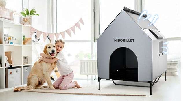 Casa grande impermeable para perros con cama elevada desmontable y ventanas de ventilacion