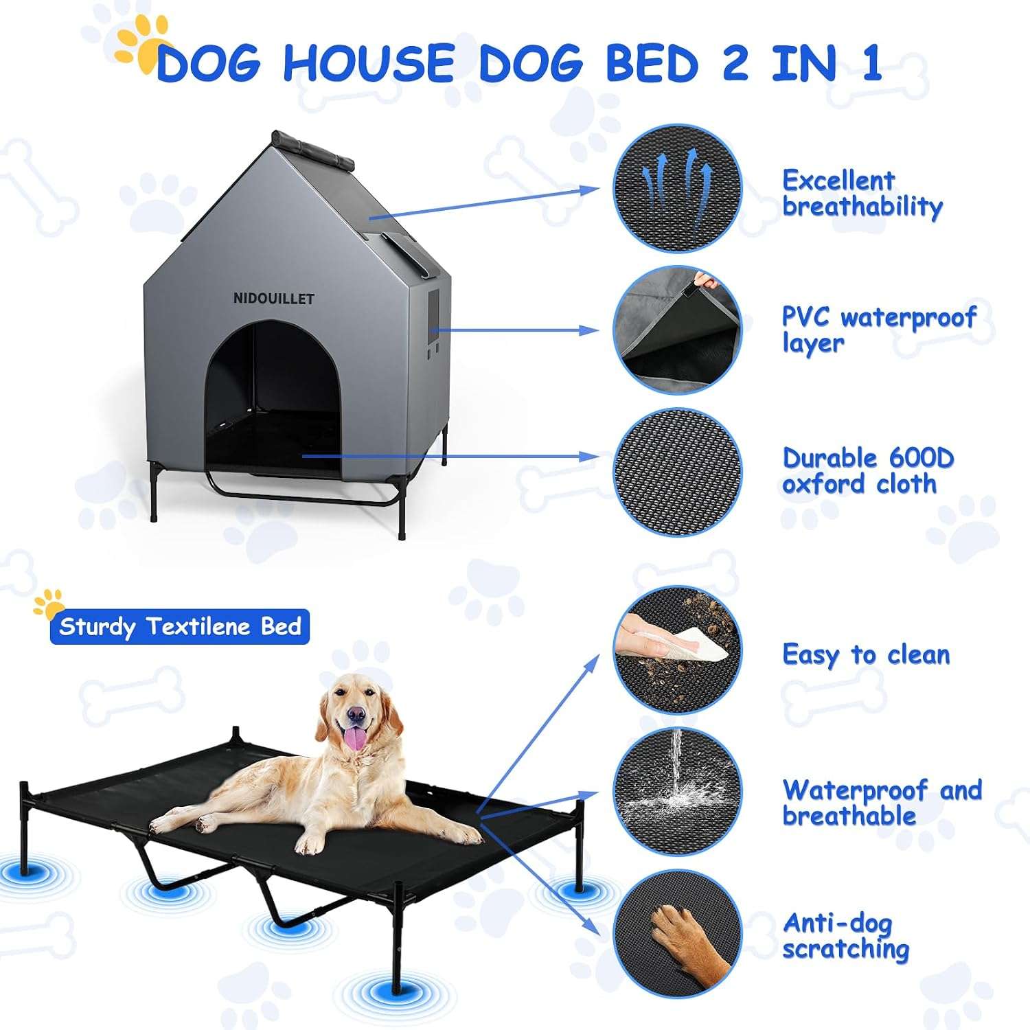 Casa grande impermeable para perros con cama elevada desmontable y ventanas de ventilacion