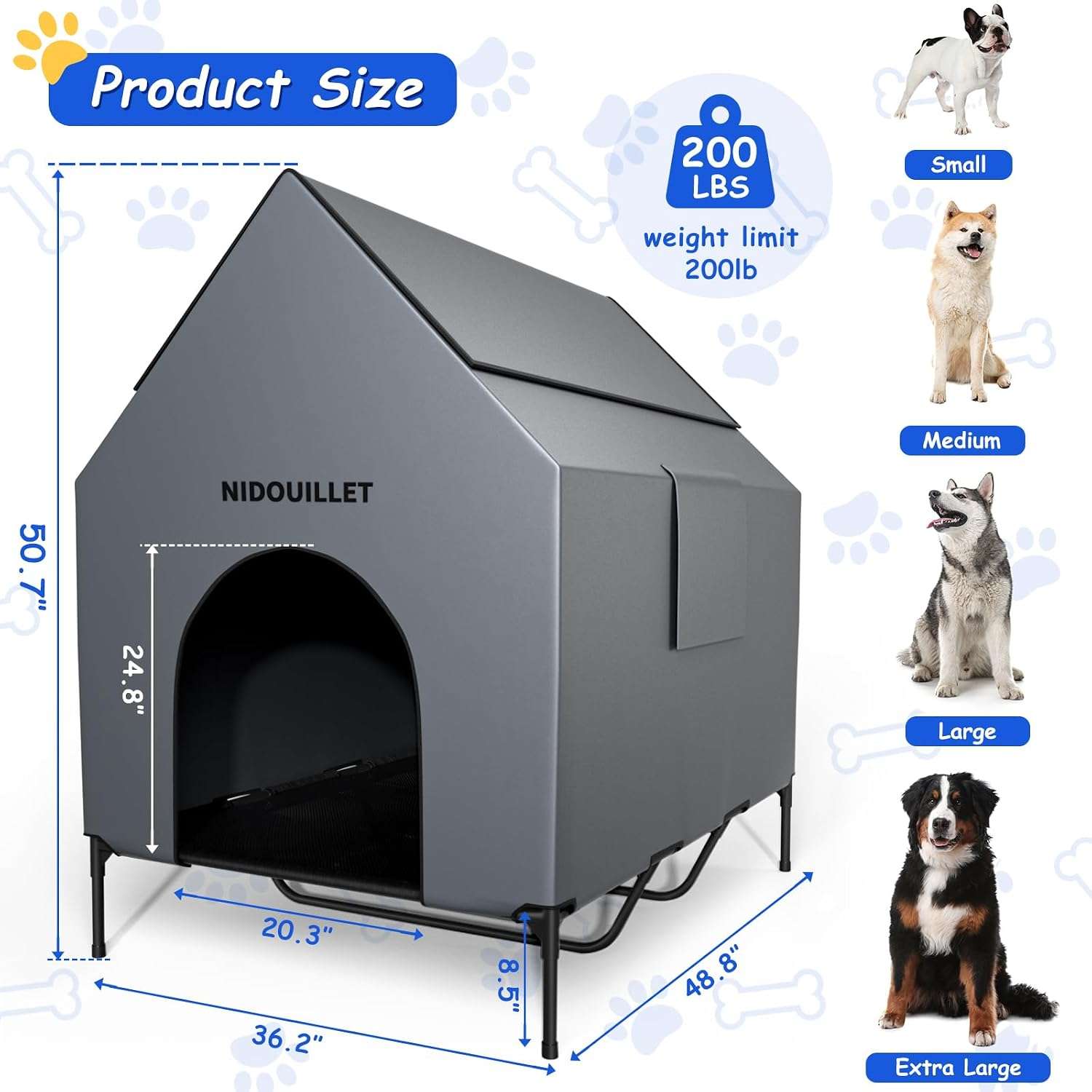 Casa grande impermeable para perros con cama elevada desmontable y ventanas de ventilacion