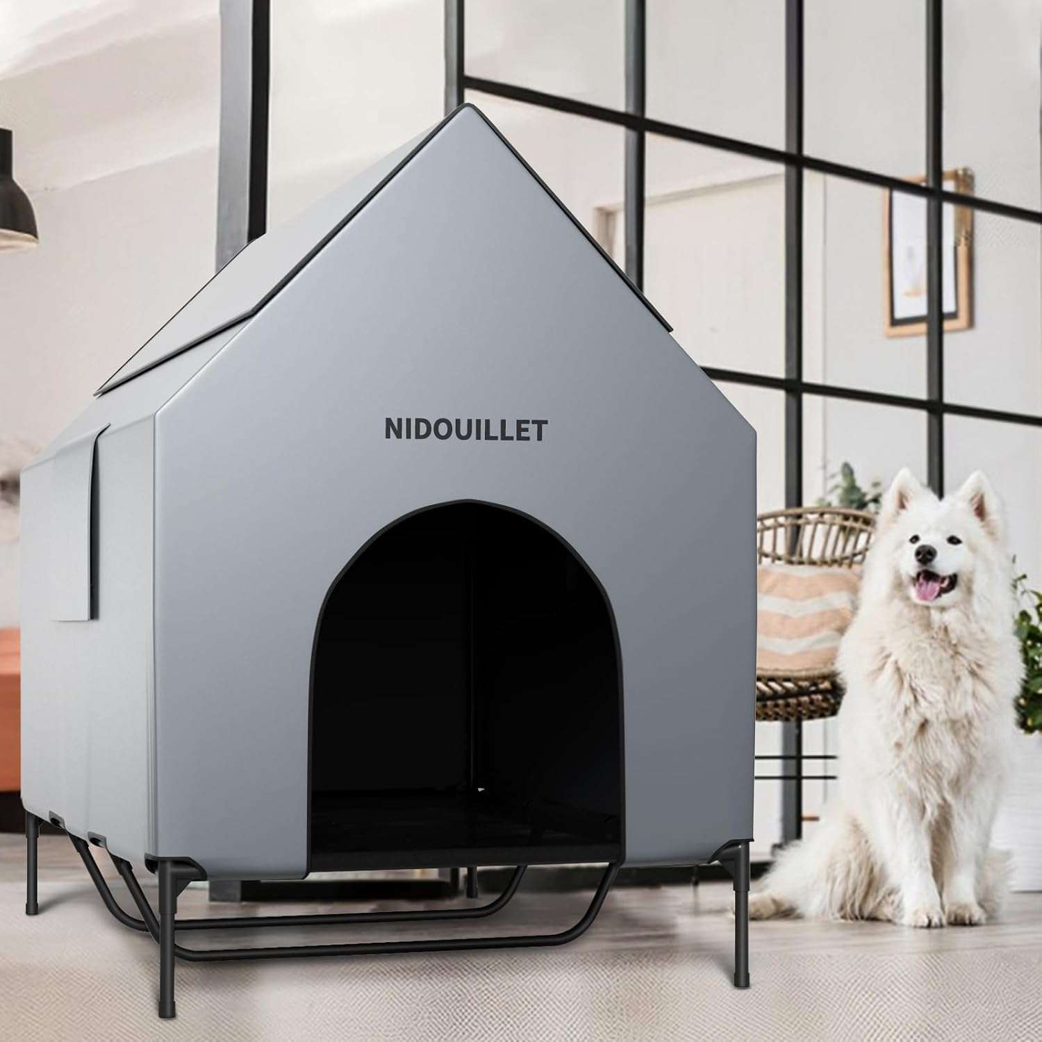 Casa grande impermeable para perros con cama elevada desmontable y ventanas de ventilacion