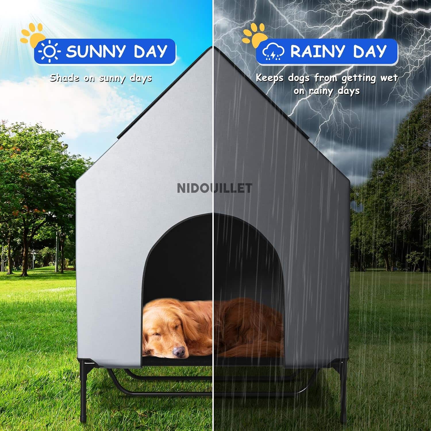 Casa grande impermeable para perros con cama elevada desmontable y ventanas de ventilacion