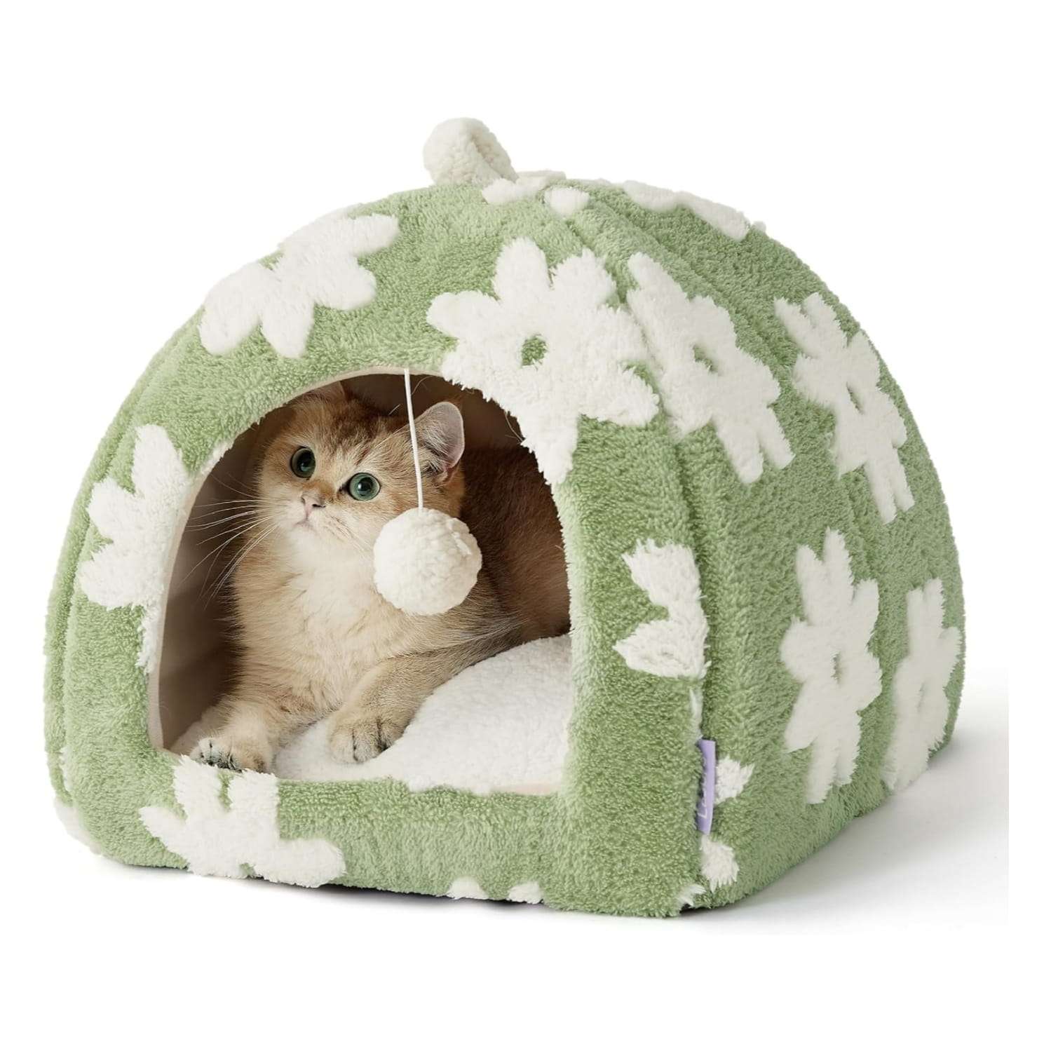 Tienda de campana y cama plegable para gatos con cojin de sherpa suave y pelota de juguete colgante.