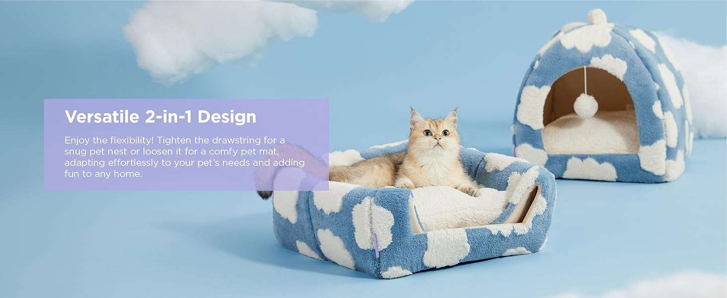 Cama tipo tienda de campaña para gatos de tela sherpa suave con pelota colgante y cojin lavable.
