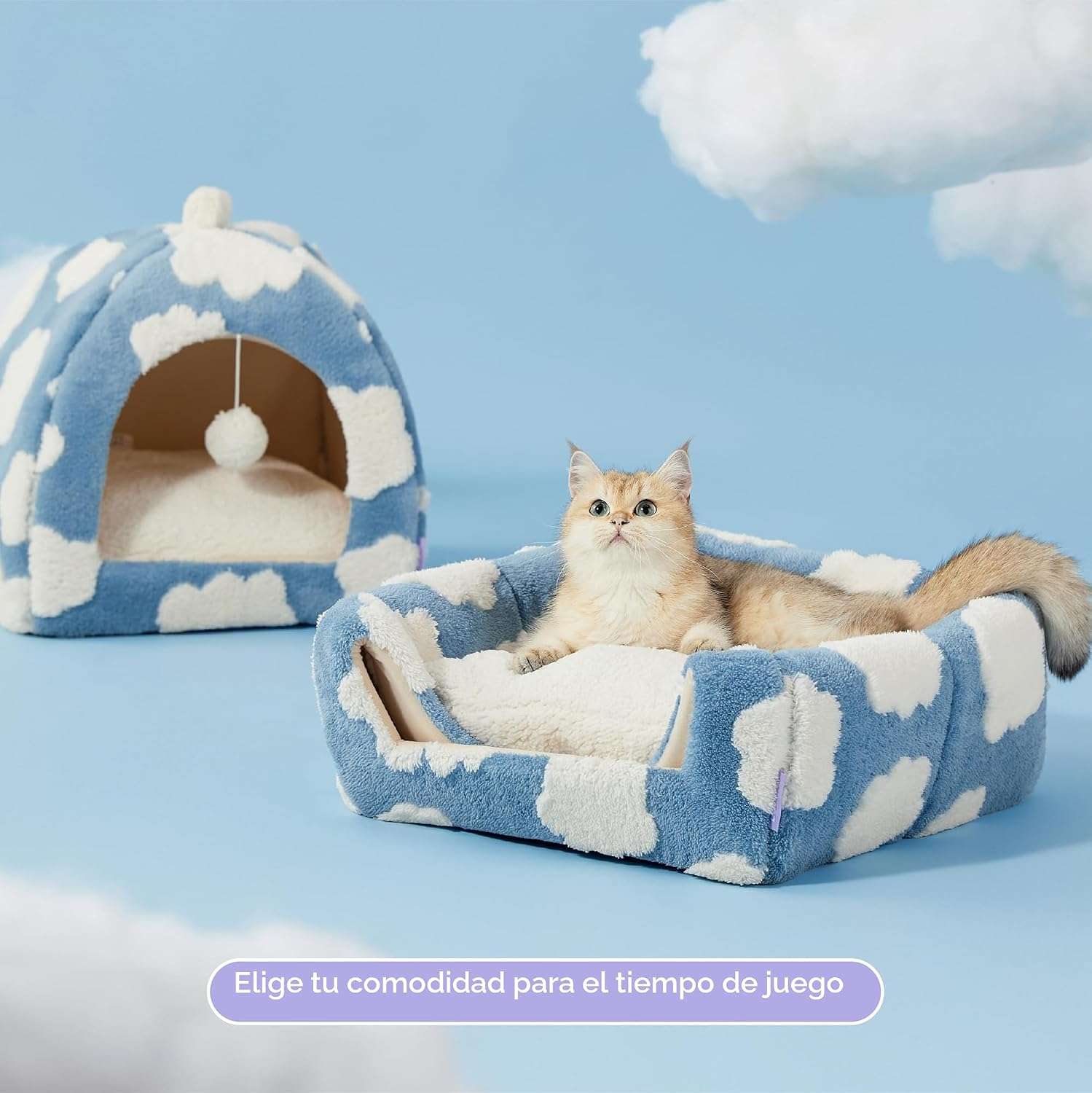 Cama tipo tienda de campaña para gatos de tela sherpa suave con pelota colgante y cojin lavable.