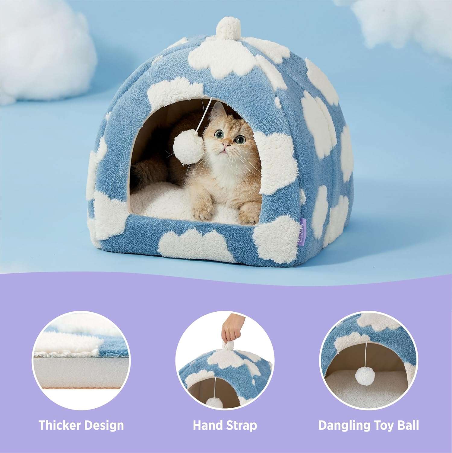 Cama tipo tienda de campaña para gatos de tela sherpa suave con pelota colgante y cojin lavable.