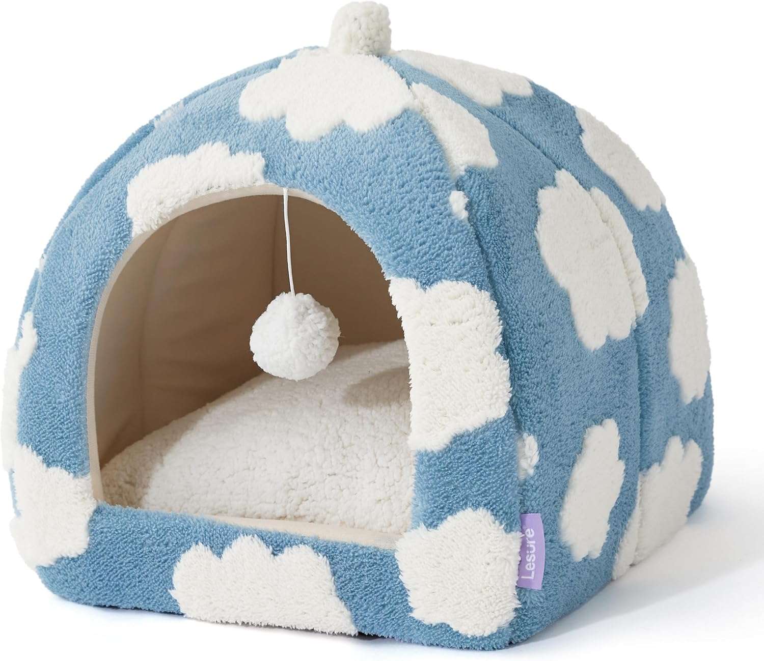 Cama tipo tienda de campaña para gatos de tela sherpa suave con pelota colgante y cojin lavable.