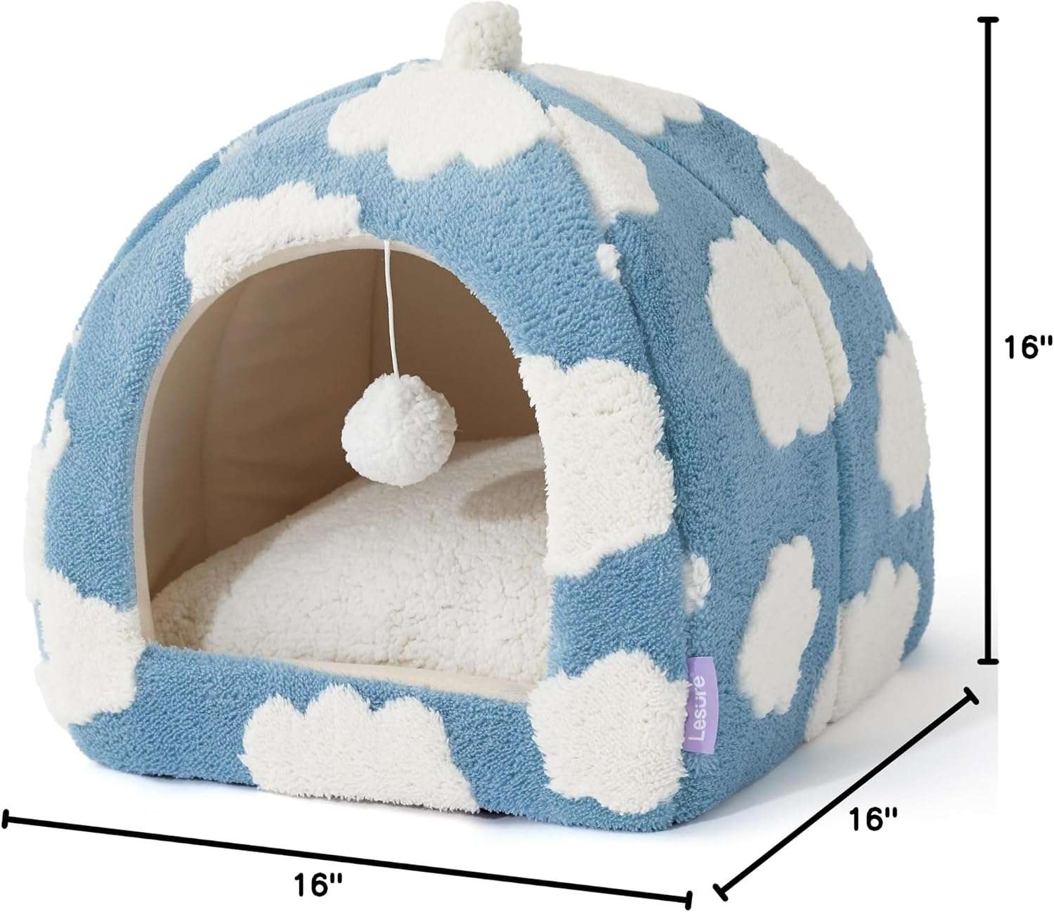 Cama tipo tienda de campaña para gatos de tela sherpa suave con pelota colgante y cojin lavable.