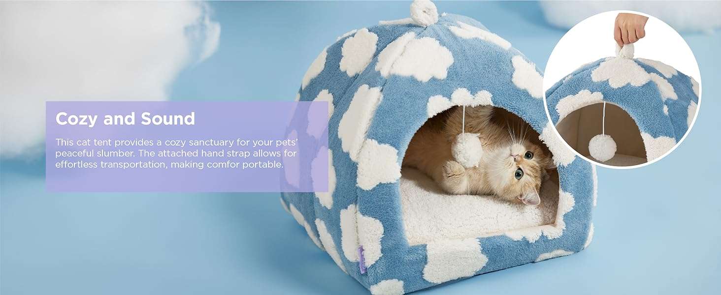 Cama tipo tienda de campaña para gatos de tela sherpa suave con pelota colgante y cojin lavable.