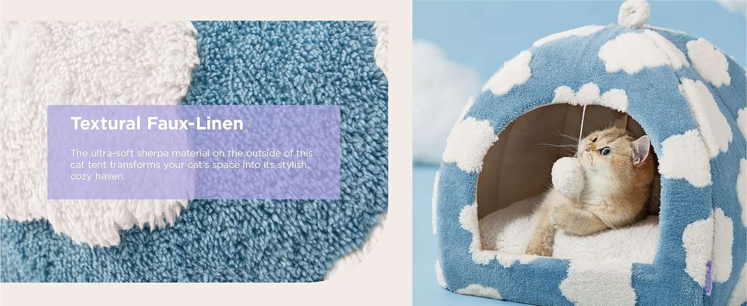 Cama tipo tienda de campaña para gatos de tela sherpa suave con pelota colgante y cojin lavable.