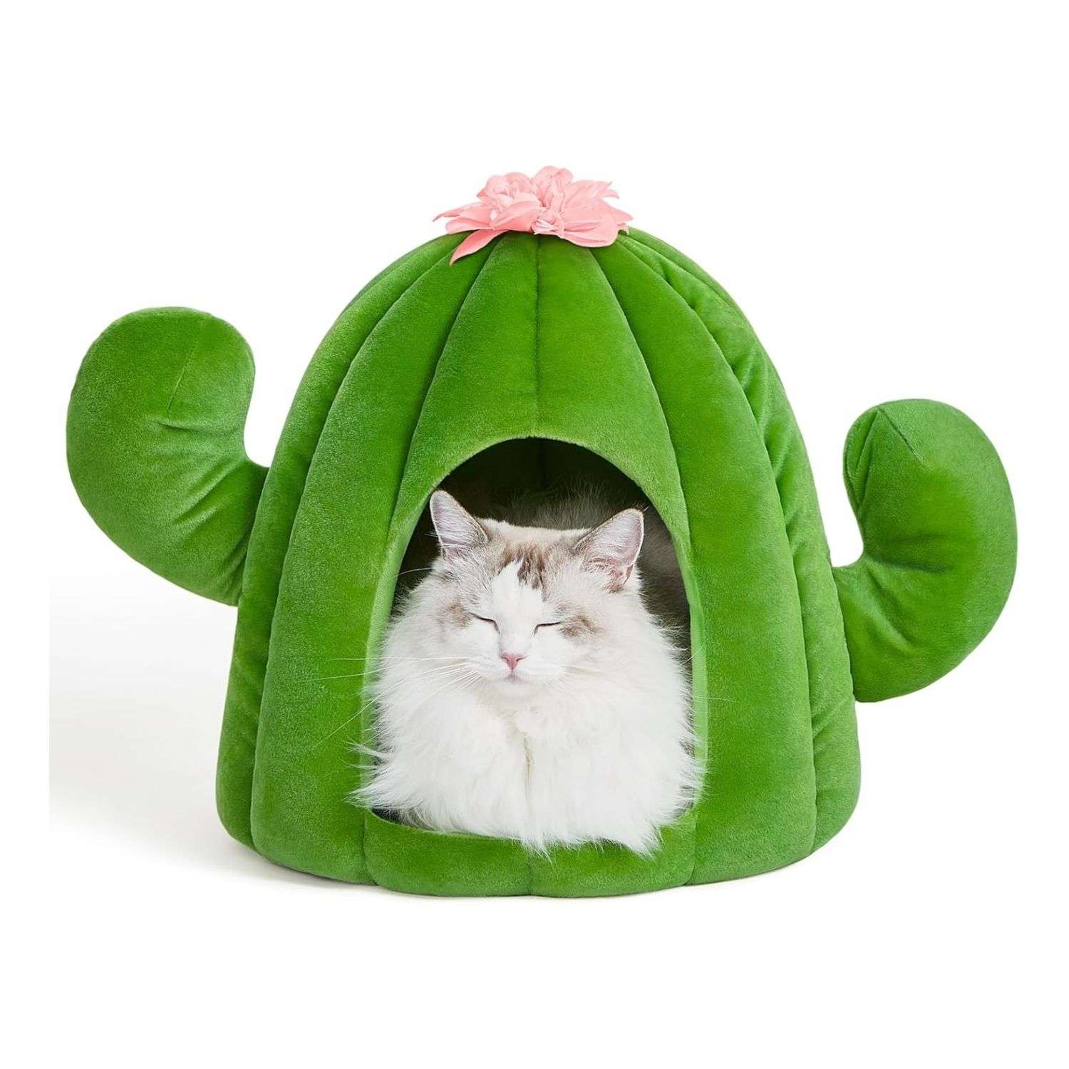 Cama cueva de felpa con diseño de cactus y cojín extraíble para gatos y perros pequeños.
