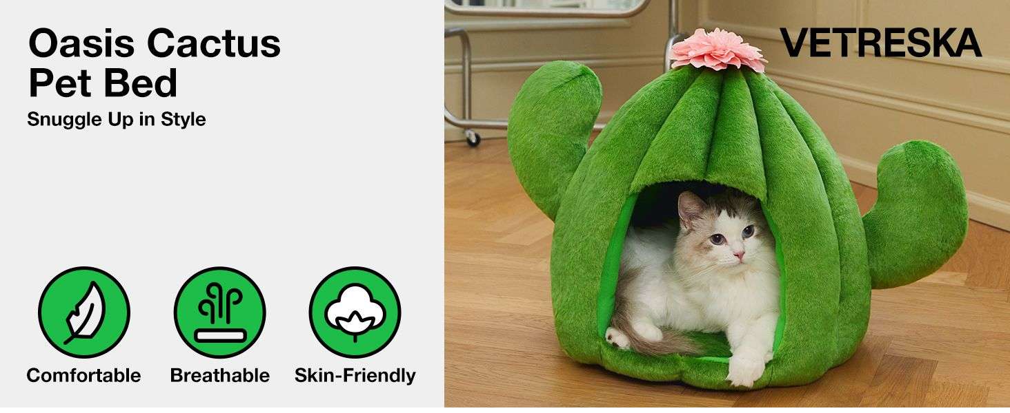 Cama cueva de felpa con diseño de cactus y cojín extraíble para gatos y perros pequeños.