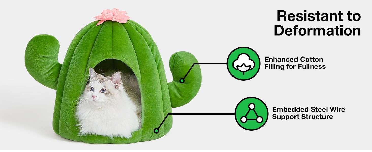Cama cueva de felpa con diseño de cactus y cojín extraíble para gatos y perros pequeños.