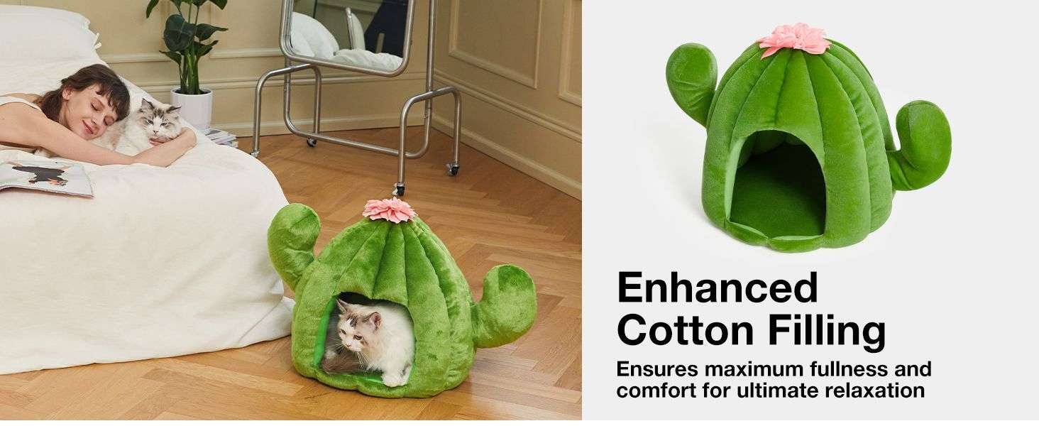 Cama cueva de felpa con diseño de cactus y cojín extraíble para gatos y perros pequeños.