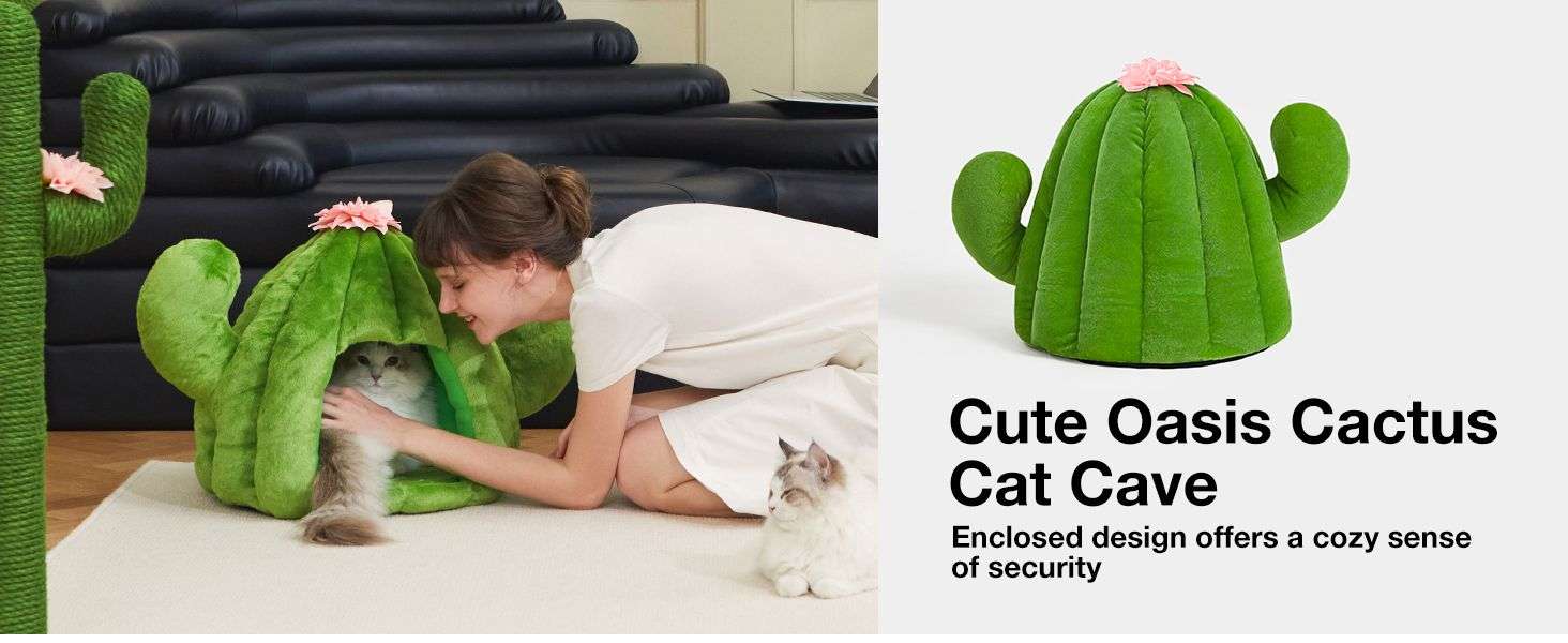 Cama cueva de felpa con diseño de cactus y cojín extraíble para gatos y perros pequeños.