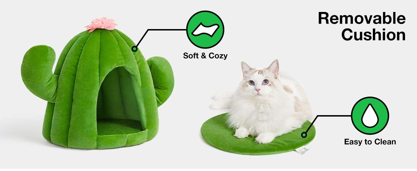 Cama cueva de felpa con diseño de cactus y cojín extraíble para gatos y perros pequeños.