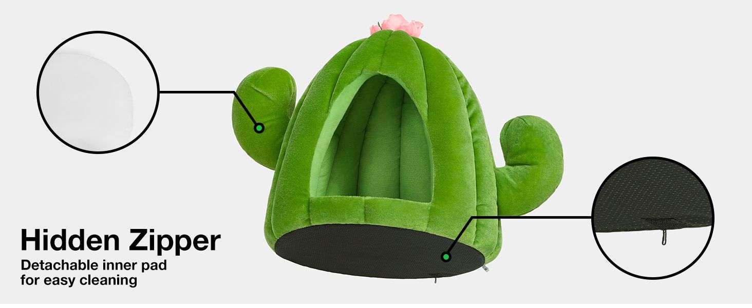Cama cueva de felpa con diseño de cactus y cojín extraíble para gatos y perros pequeños.
