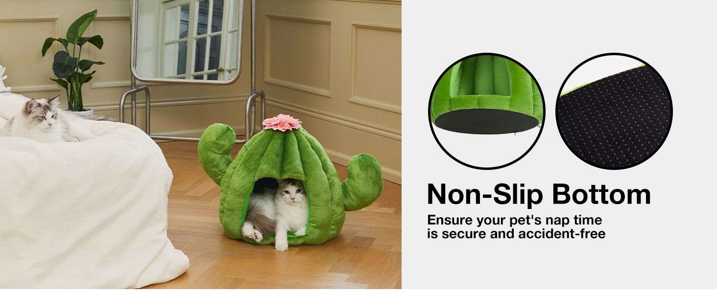 Cama cueva de felpa con diseño de cactus y cojín extraíble para gatos y perros pequeños.