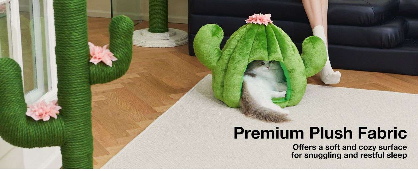 Cama cueva de felpa con diseño de cactus y cojín extraíble para gatos y perros pequeños.