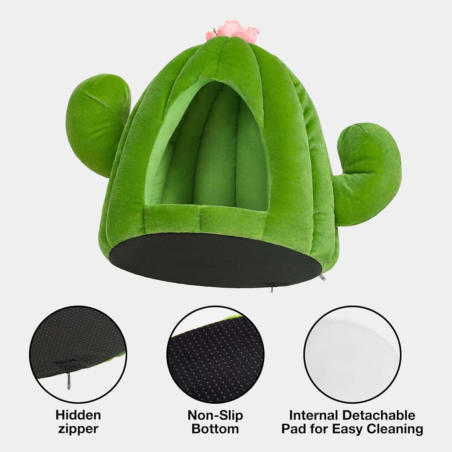 Cama cueva de felpa con diseño de cactus y cojín extraíble para gatos y perros pequeños.