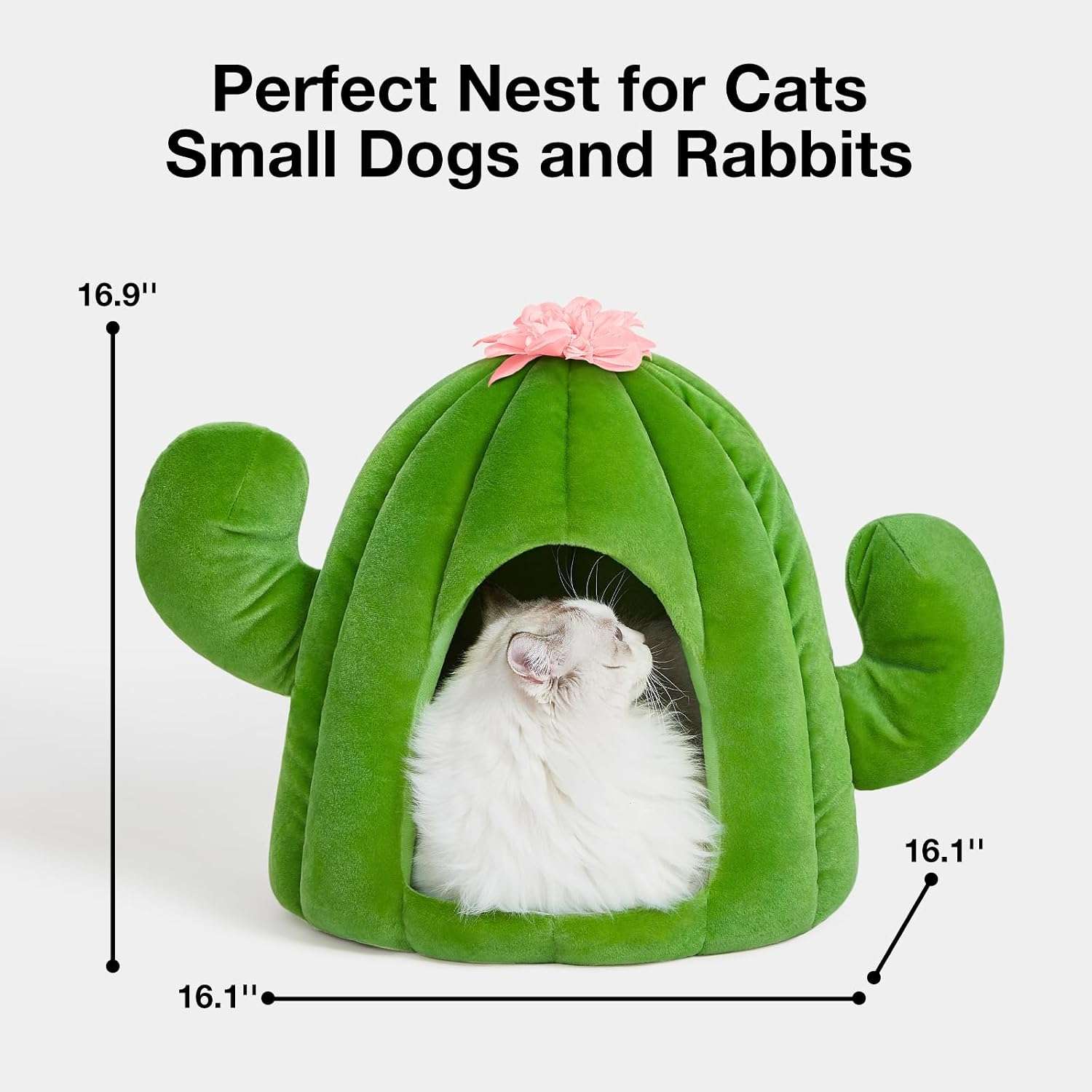 Cama cueva de felpa con diseño de cactus y cojín extraíble para gatos y perros pequeños.