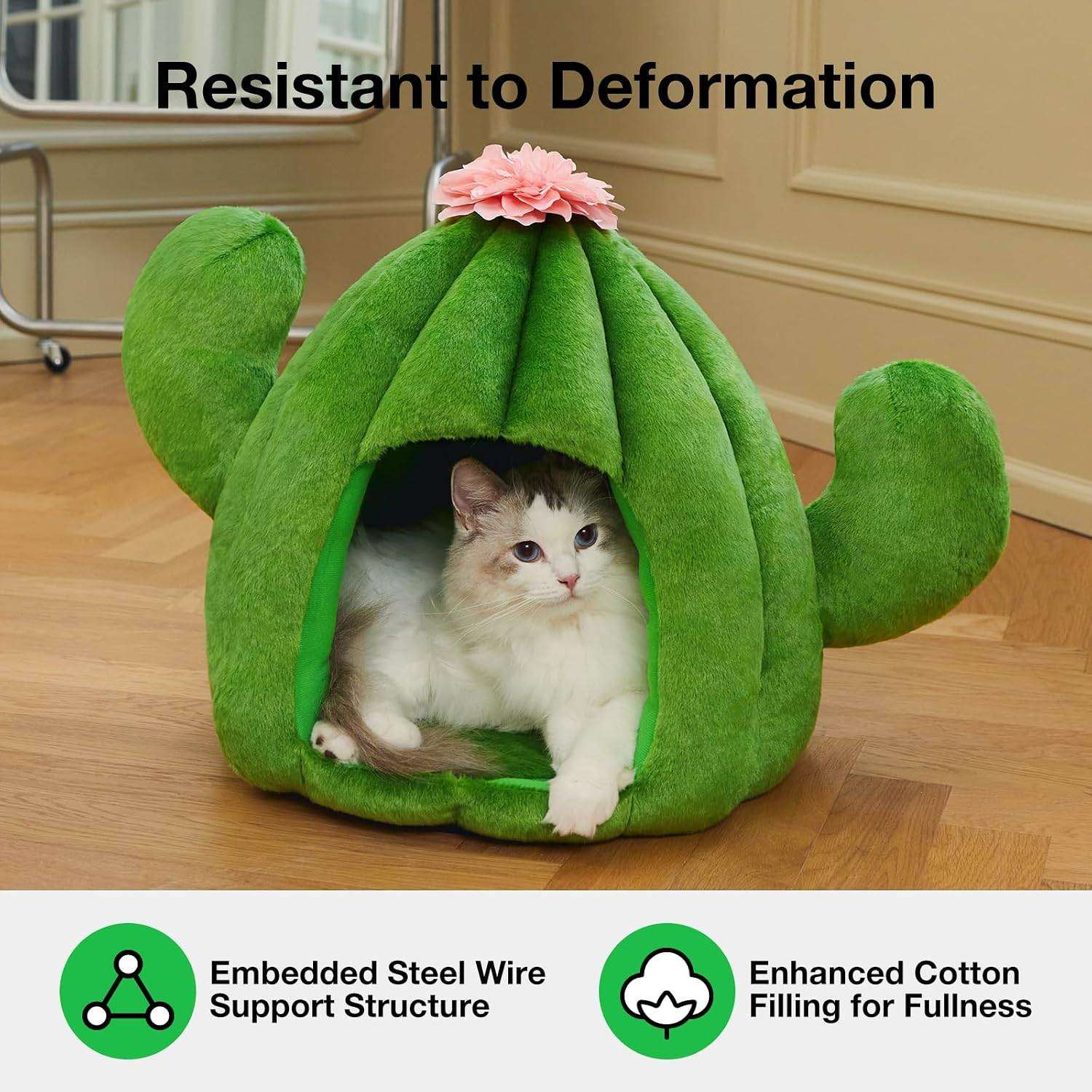 Cama cueva de felpa con diseño de cactus y cojín extraíble para gatos y perros pequeños.