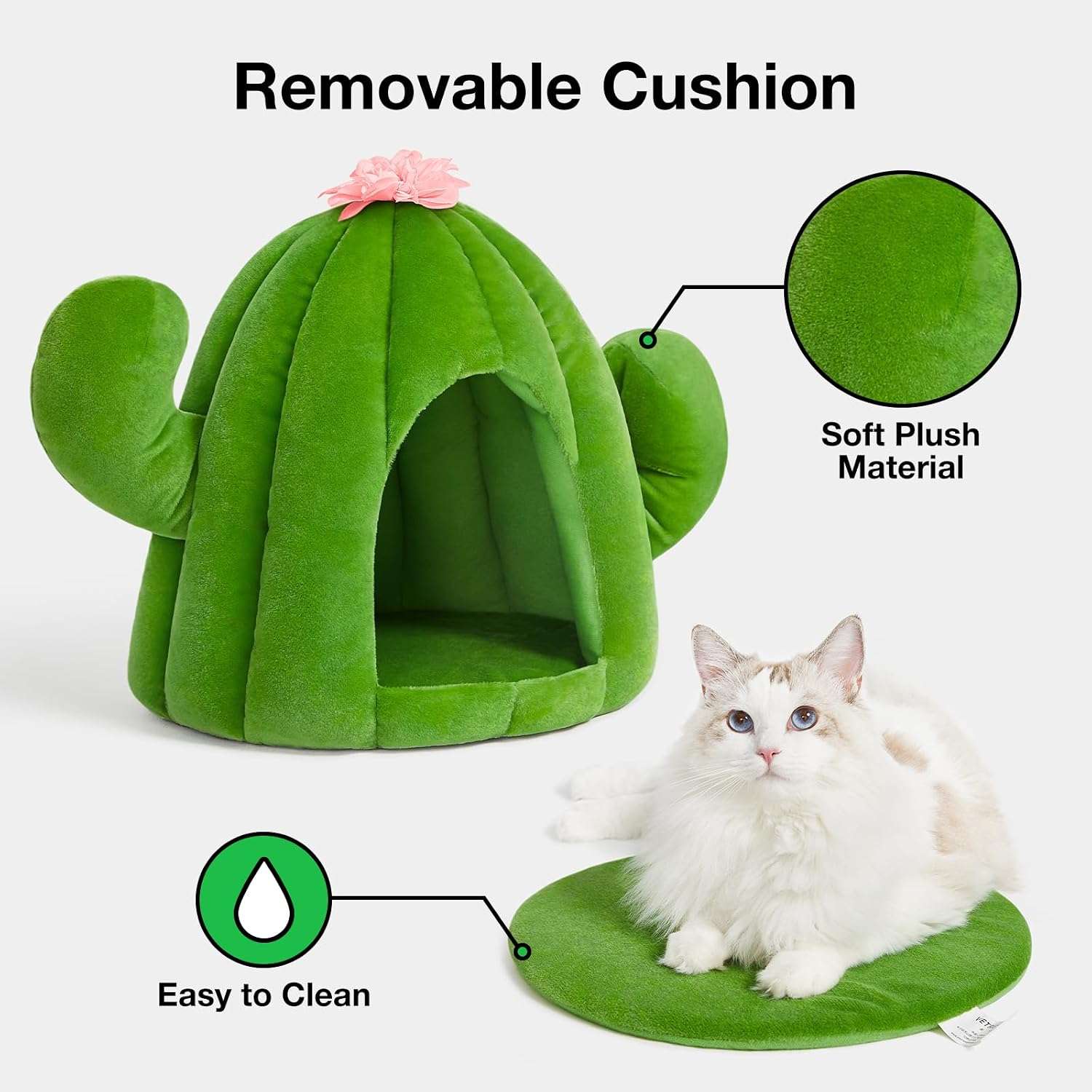 Cama cueva de felpa con diseño de cactus y cojín extraíble para gatos y perros pequeños.