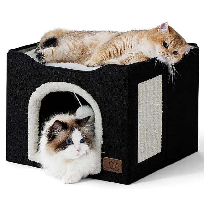 Cubo escondite de dos niveles con plataforma superior, tabla de sisal y cojín para gatos.