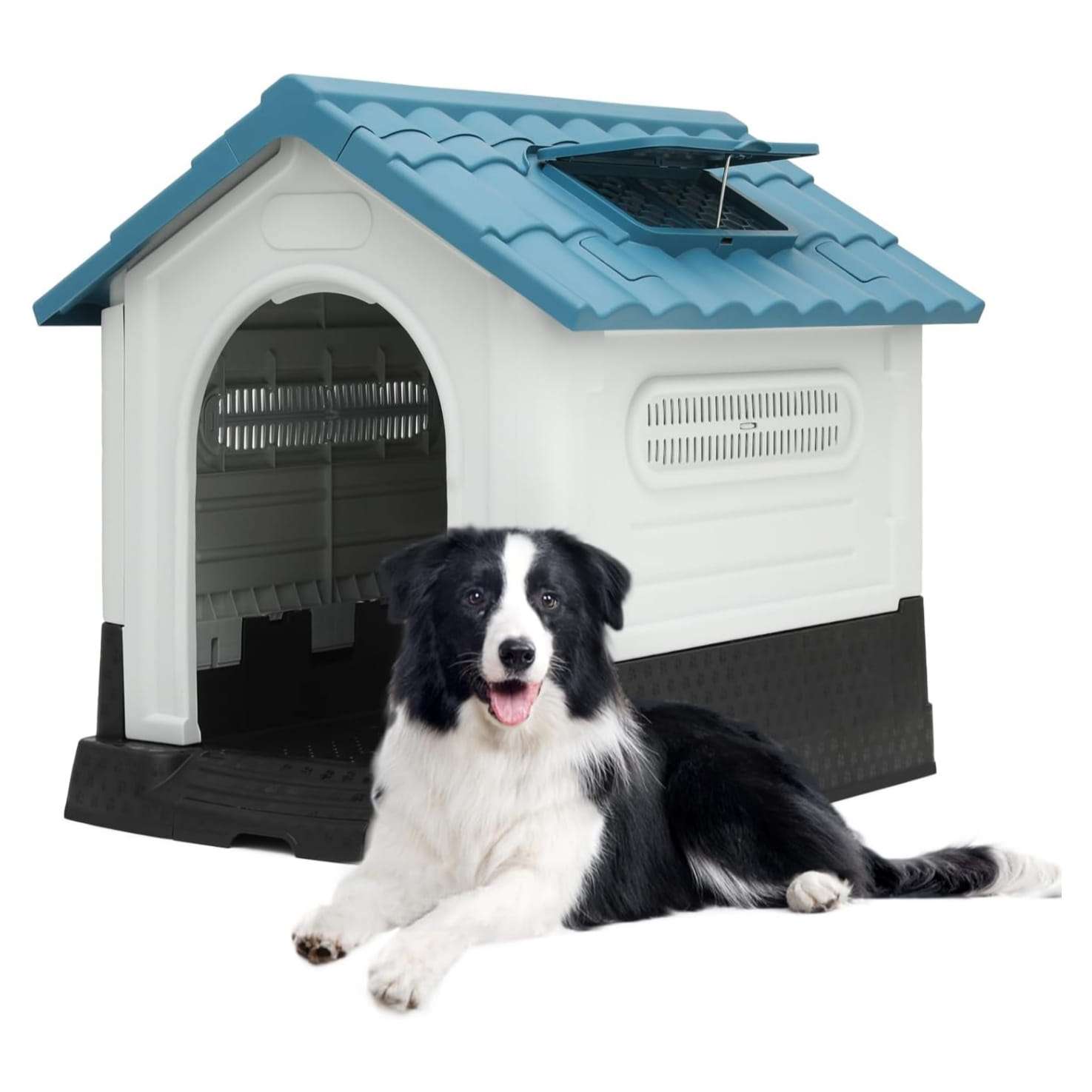 Casa para perros resistente al clima con tragaluz ventilacion doble y base elevada.