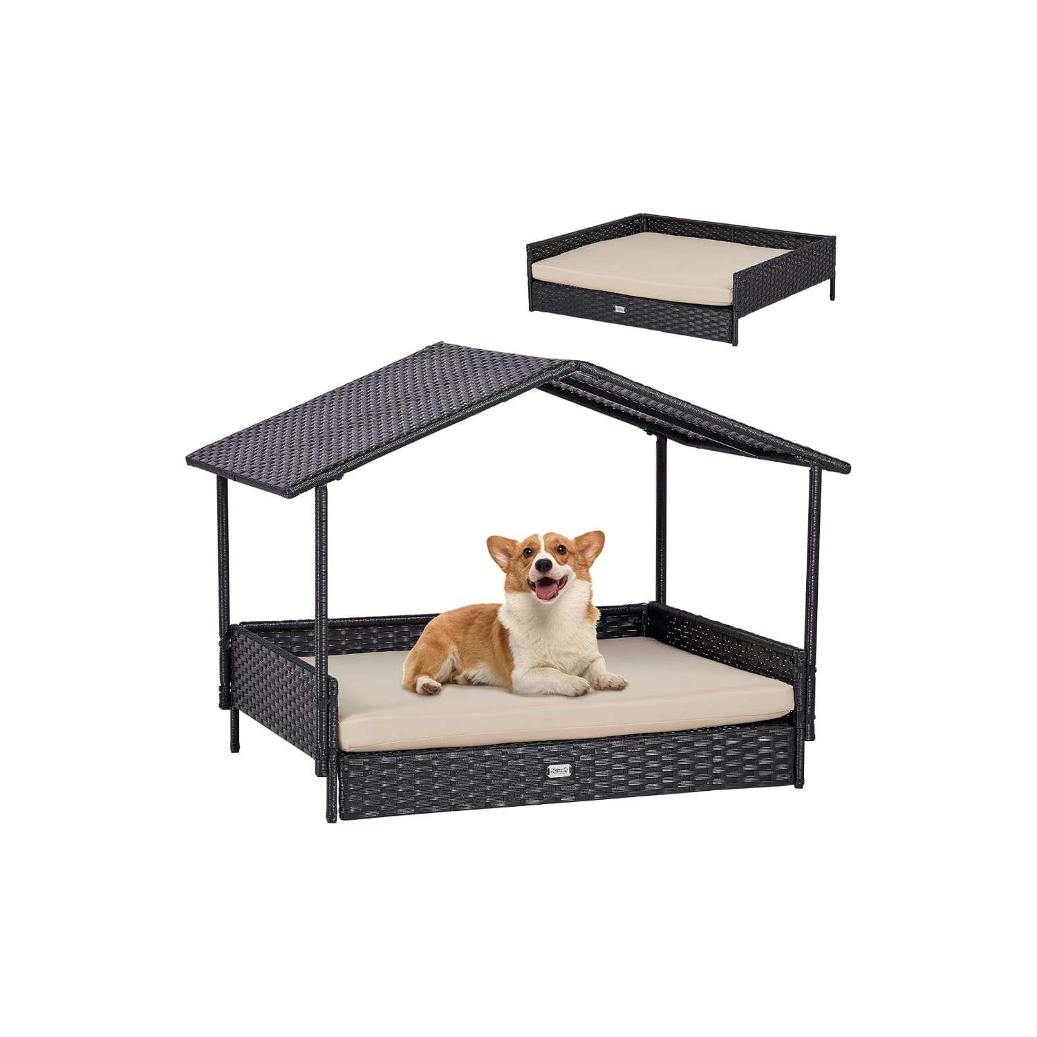 Casa de ratan para perros con techo extraible y cojin lavable