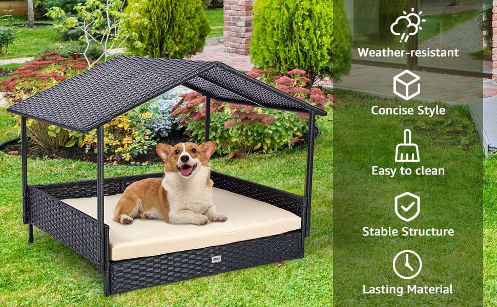 Casa de ratan para perros con techo extraible y cojin lavable