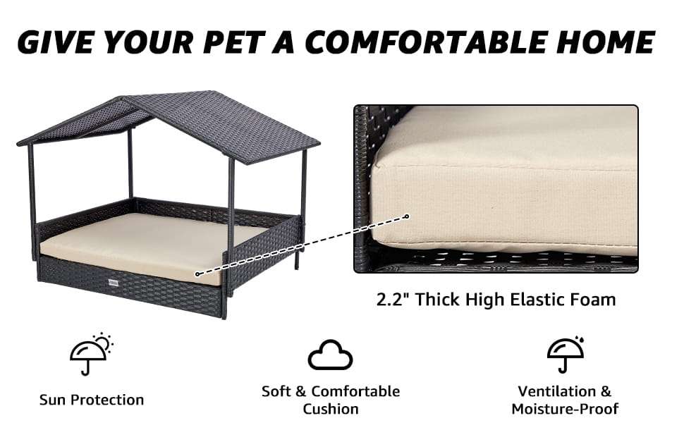 Casa de ratan para perros con techo extraible y cojin lavable